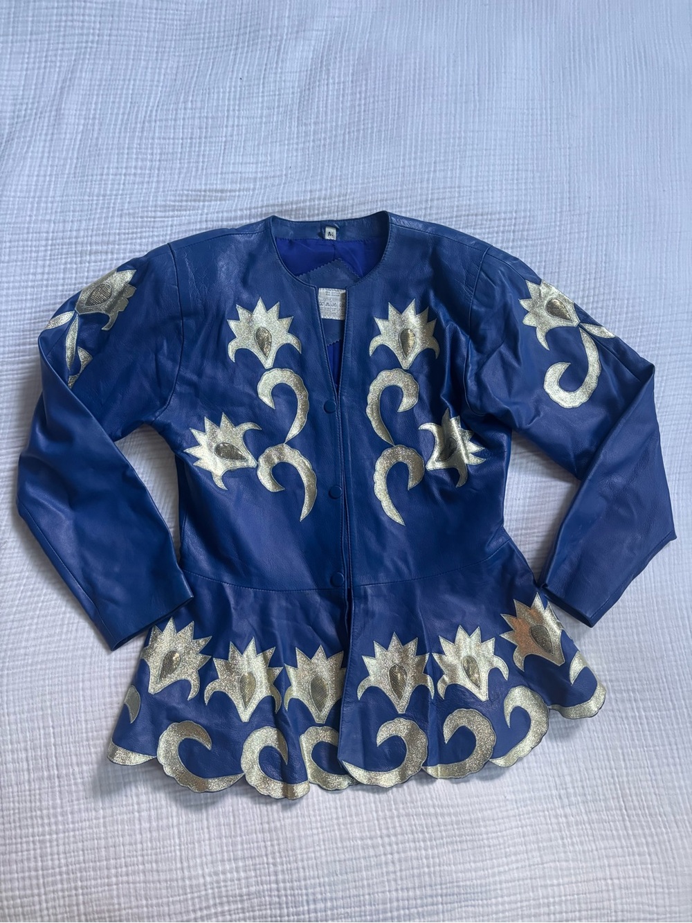 Vintage Blue Leather Skirt and Jacket Set with Gold Appliqué